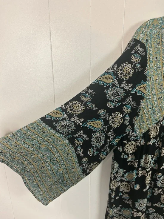 Angie Boho Floral Tunic Top V-Neck Bell Sleeve Black Blue Size Large Bohemian - Picture 5 of 10